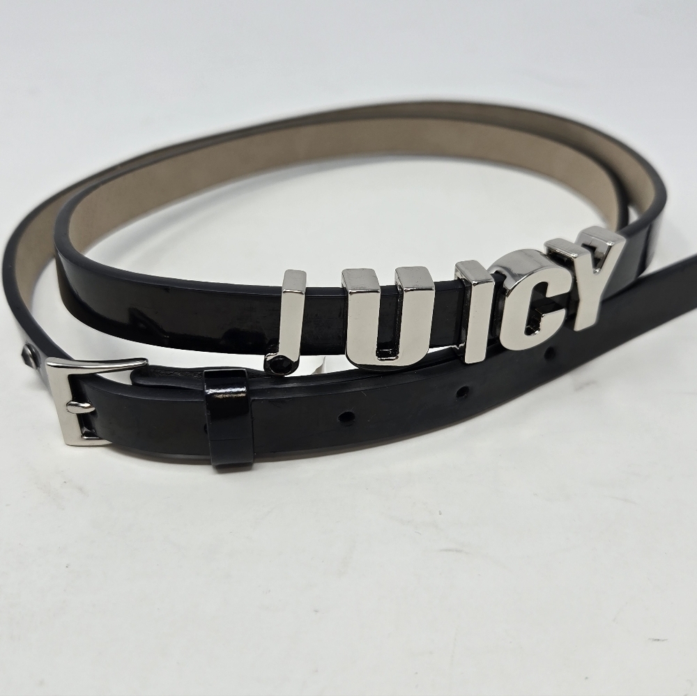JUICY COUTURE BLACK FAUX PATENT LEATHER SKINNY BELT SILVER CHARMS WOMEN XL Y2K
